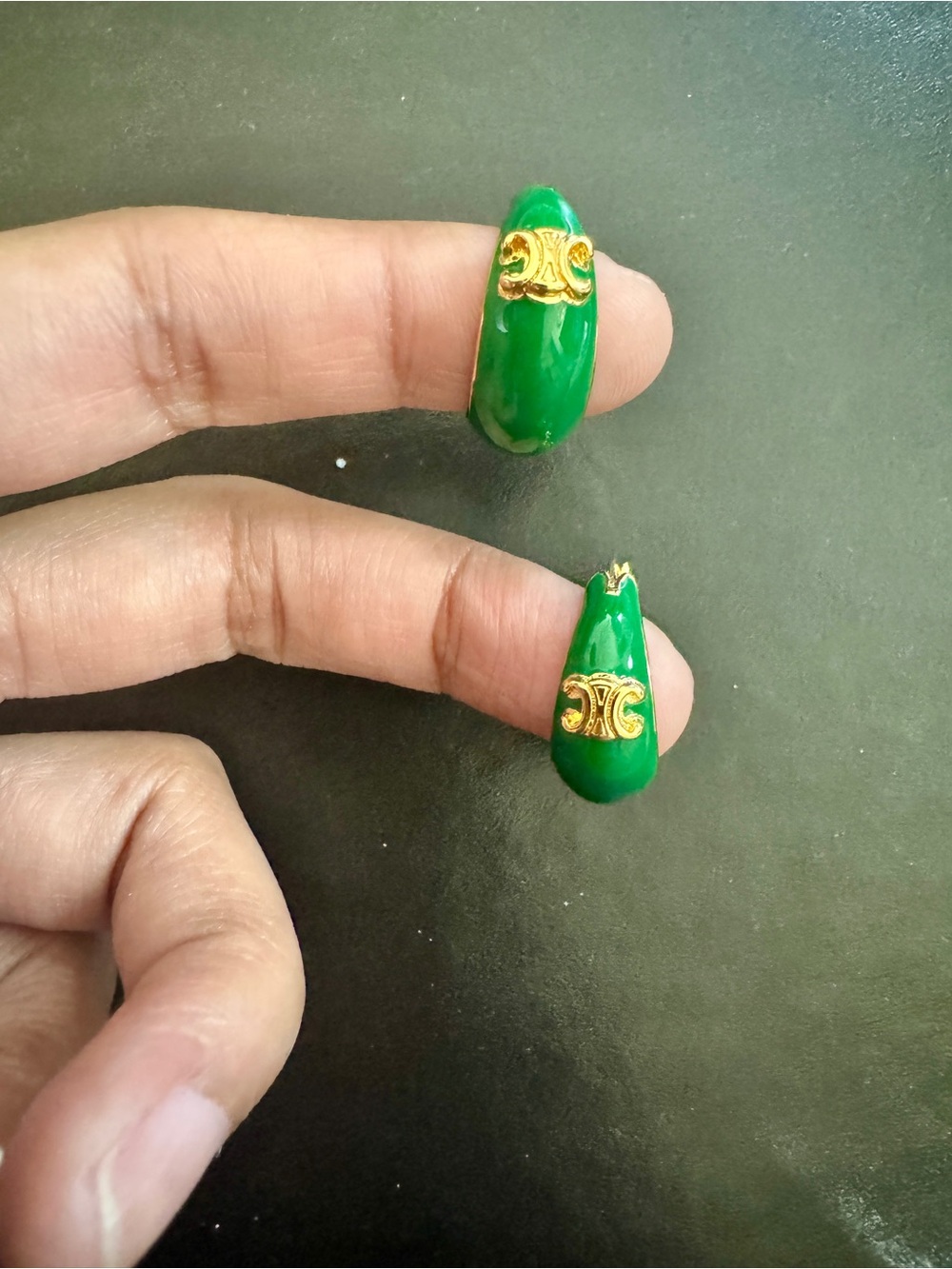 Green Teardrop Earrings with Gold Accent